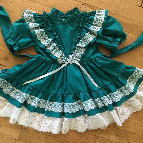 Vintage Kandy Ann Full Circle Dress 2T Teal Green White Lace Ruffle Party - Picture 3 of 7